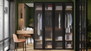 Спальный гарнитур «Порто» №4 Яблоня Беллуно/Графит/Стекло сатин черное в Ишиме - ishim.mebel-tymen.ru | фото